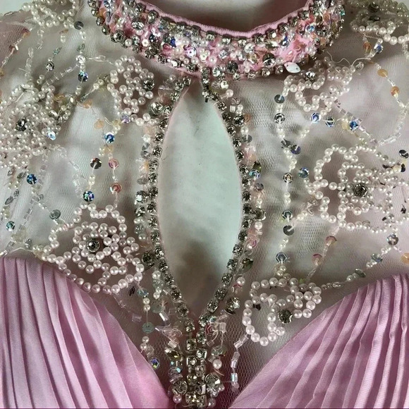 INtrigue by Blush Size 10 Pink Chiffon Grecian Formal Dress Hand Beaded Bodice - Picture 7 of 8